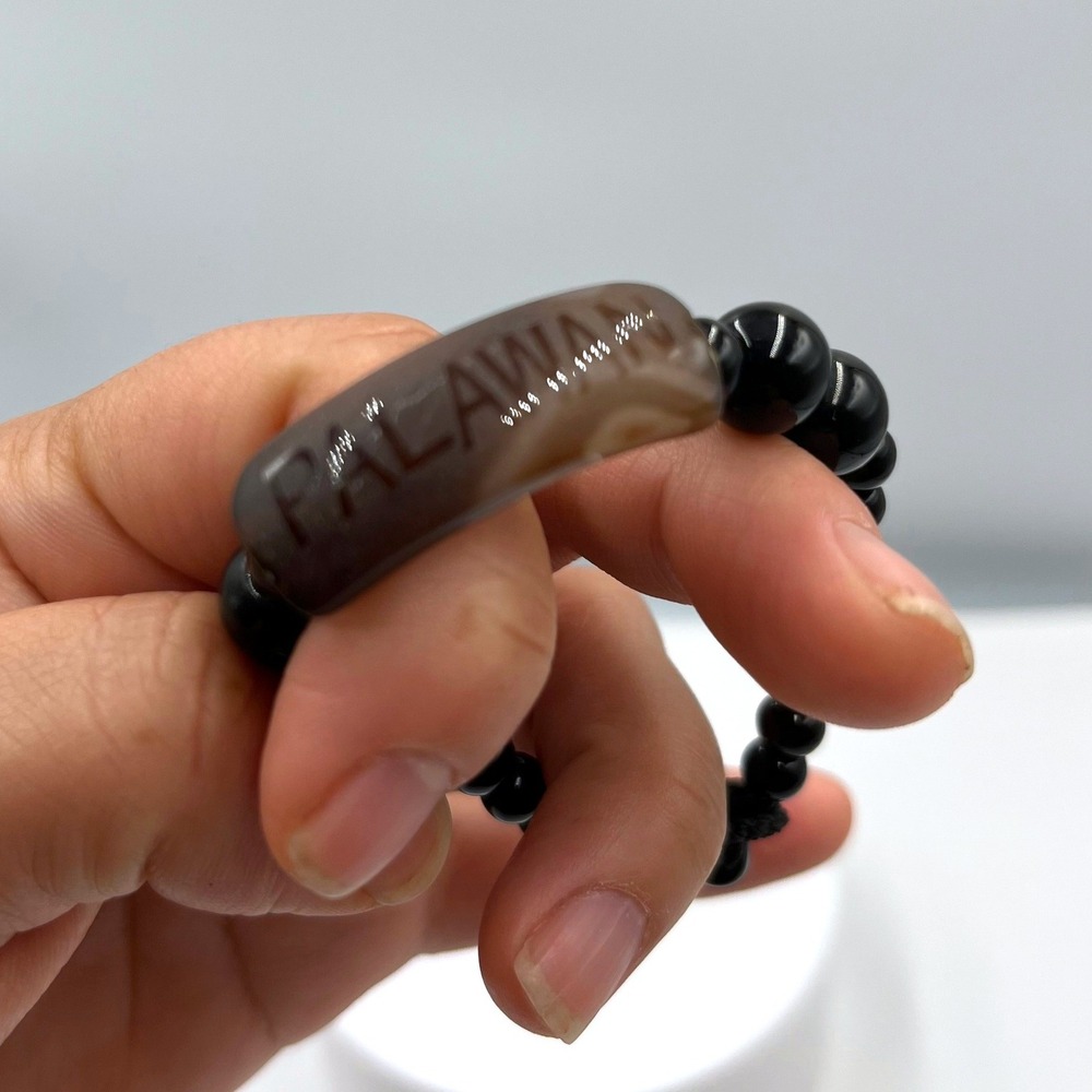 Vintage Black Beaded Bracelet w Brown Agate-Style Bar Palawan Souvenir Engraving